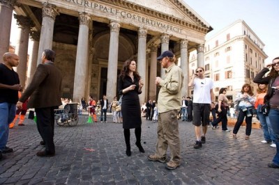 Ayelet Zurer and Director Ron Howard on the set of Columbia Pictures?suspense thriller "ANGELS & DEMONS," starring Tom Hanks.  Photo by:  Zade Rosenthal